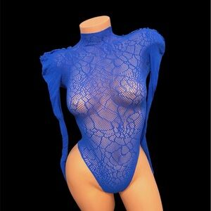 Blue Lace Bodysuit Bodystocking Fishnet Longsleeves